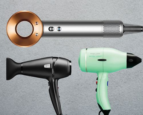 Collage of professional hair dryers we recommend on a grey background