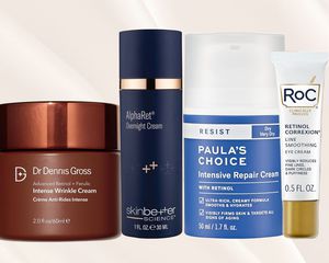 A collage of the best retinol creams on a cream background