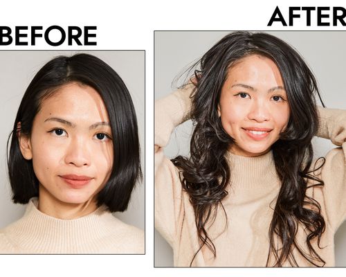 Before and after comparison of a person wearing the RPZL Human Hair Clip-In Extensions