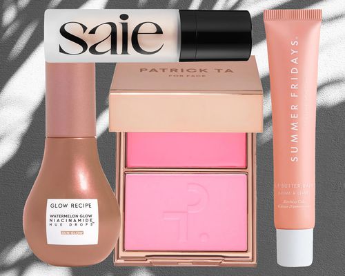 A collage of Sephora products including brands Glow Recipe, Saie, Patrick Ta, and Summer Fridays