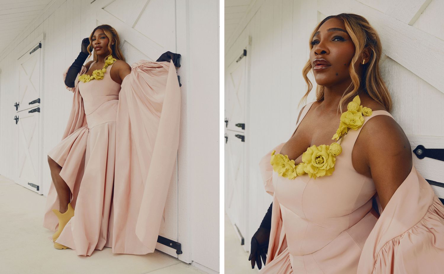 Serena Williams in a Pink Dress with Black Gloves on a Farm