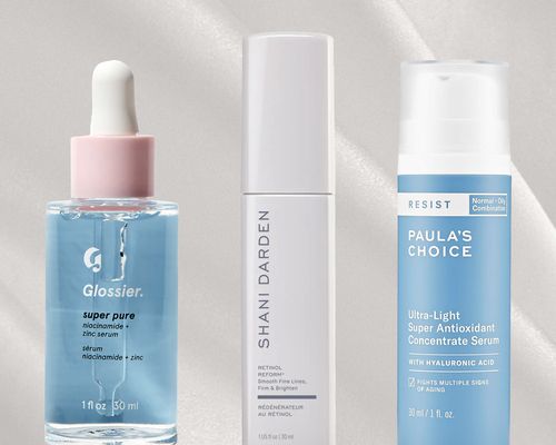 Collage of some of the best serums for oily skin on a gray background