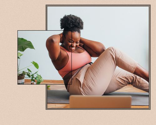 woman smiling and doing crunches