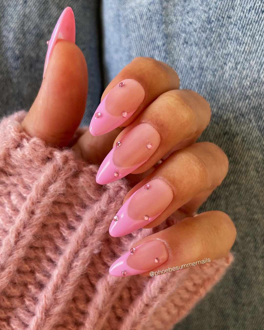 Pink French manicure with pink rhinestones