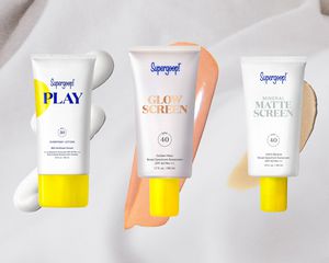 A collage of Supergoop! sunscreen products we recommend on a gray background