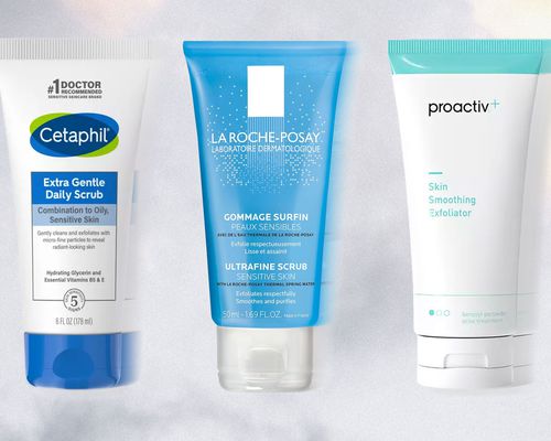 Collage of drugstore exfoliators we recommend on a gray background