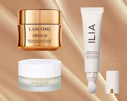 Three of our recommended eye creams for puffiness on a shiny, gold background