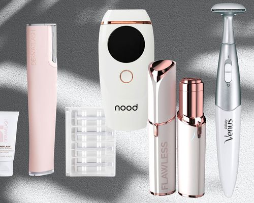 A collage of hair removal products we recommend on a grey and white background