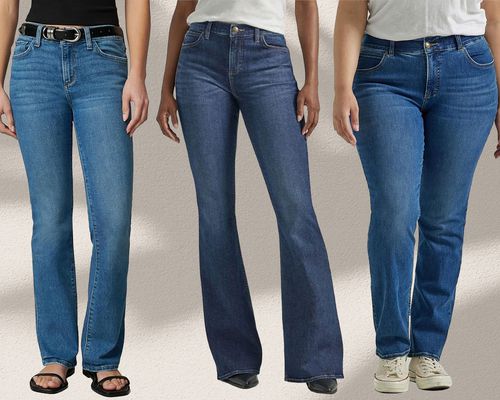 Three women wearing different pairs of jeans