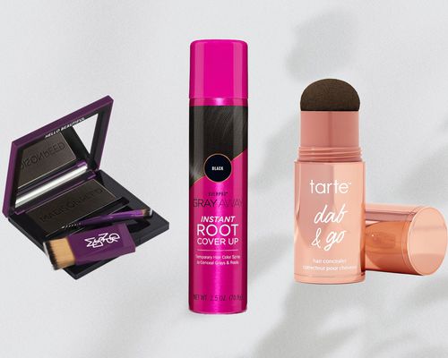 a collage of the best root touch-up products on a gray background