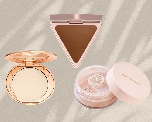 a collage of the best setting powders on a beige background