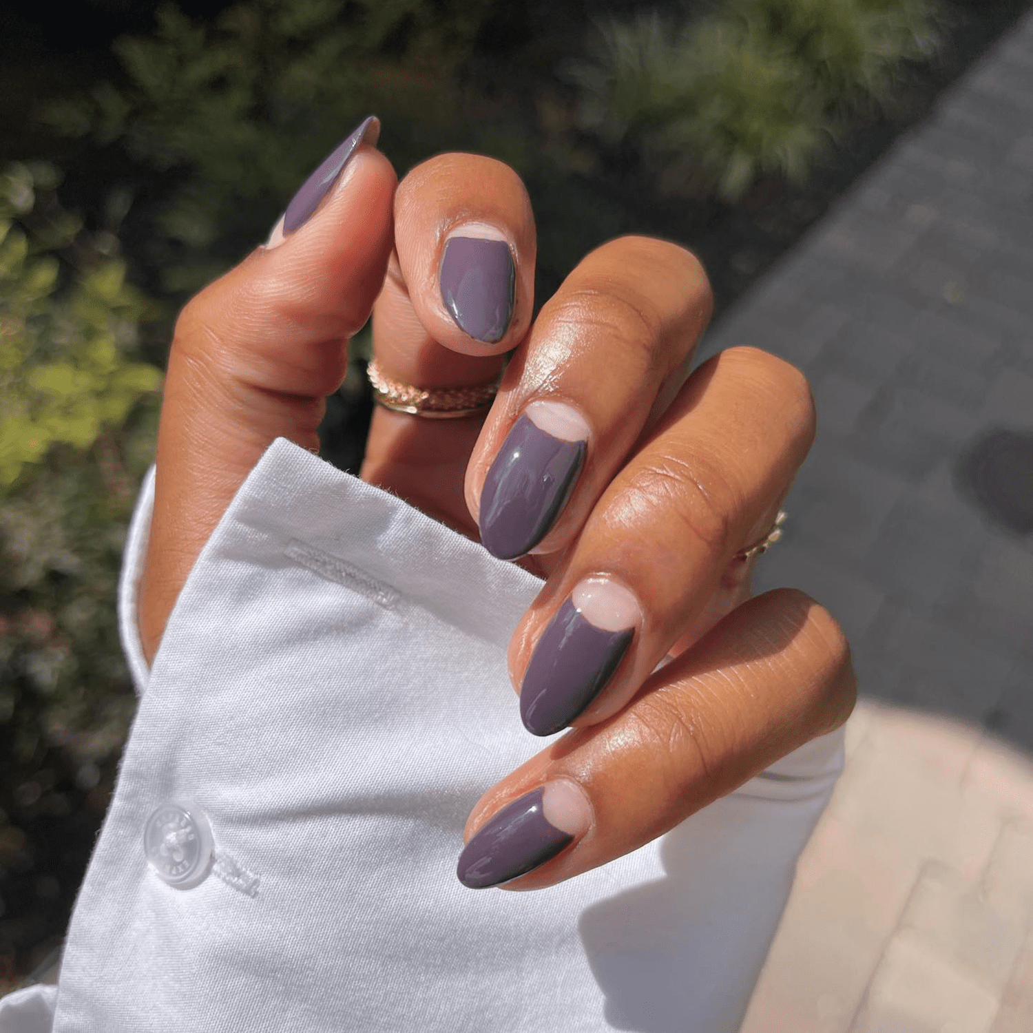 purple gray with negative space cuticle half moon design