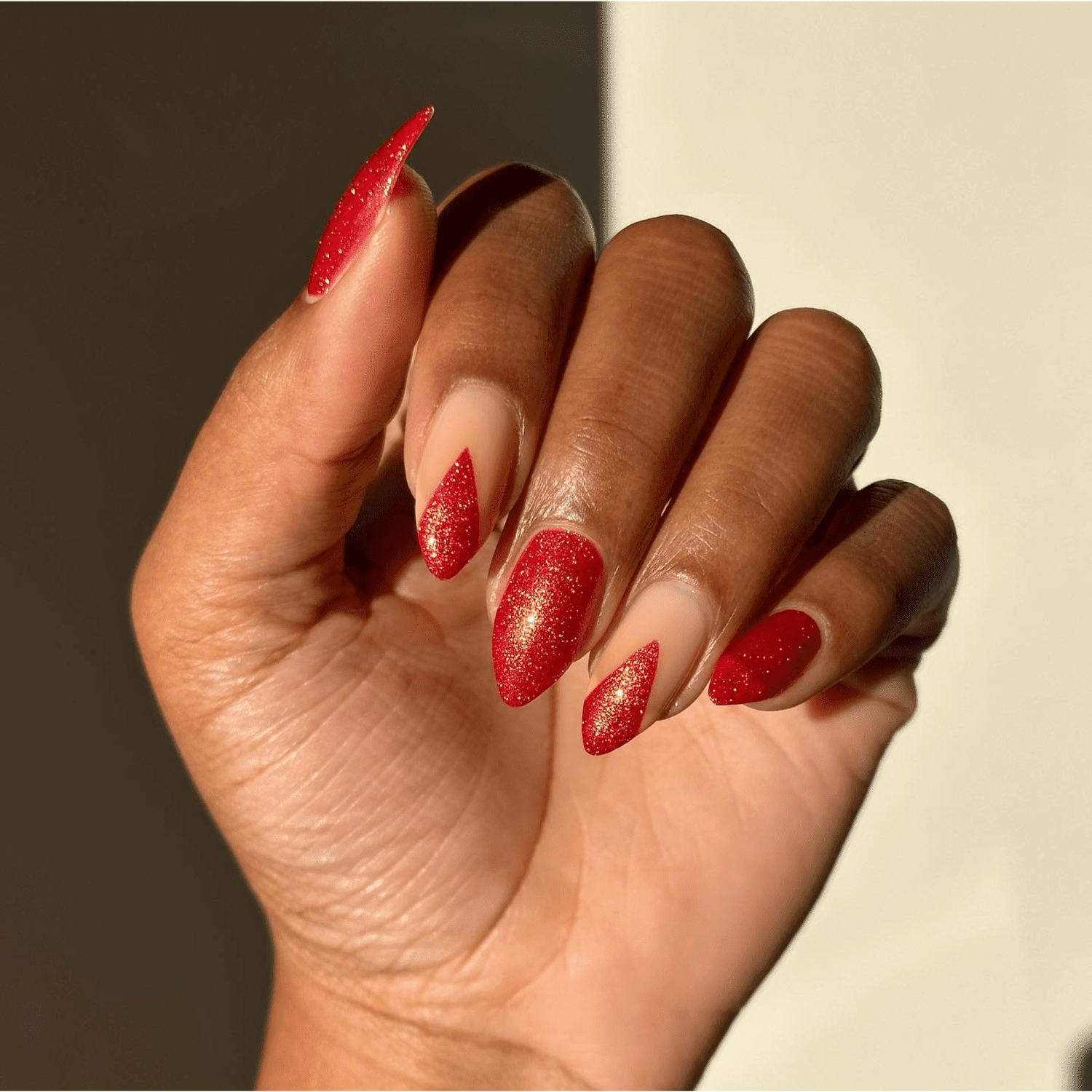 festive red glitter negative space nails