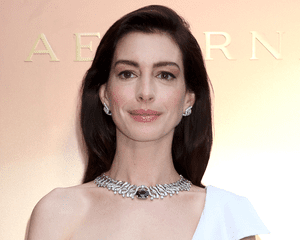 An up-close photo of Anne Hathaway at the Blvgari show in Rome.