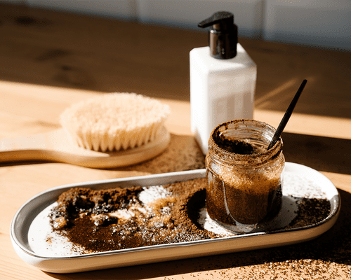 Exfoliating tools: dry brush, lotion pump, and coffee grounds in a jar on a vanity tray