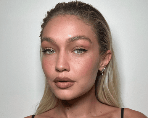 close up of gigi hadid's makeup against white background