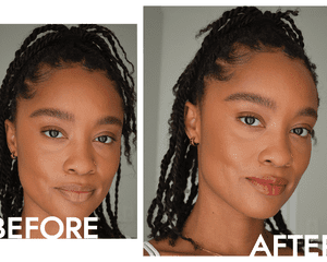 Byrdie writer Khera Alexander before and after applying the Kosas Wet Stick lipstick in sunset simmer