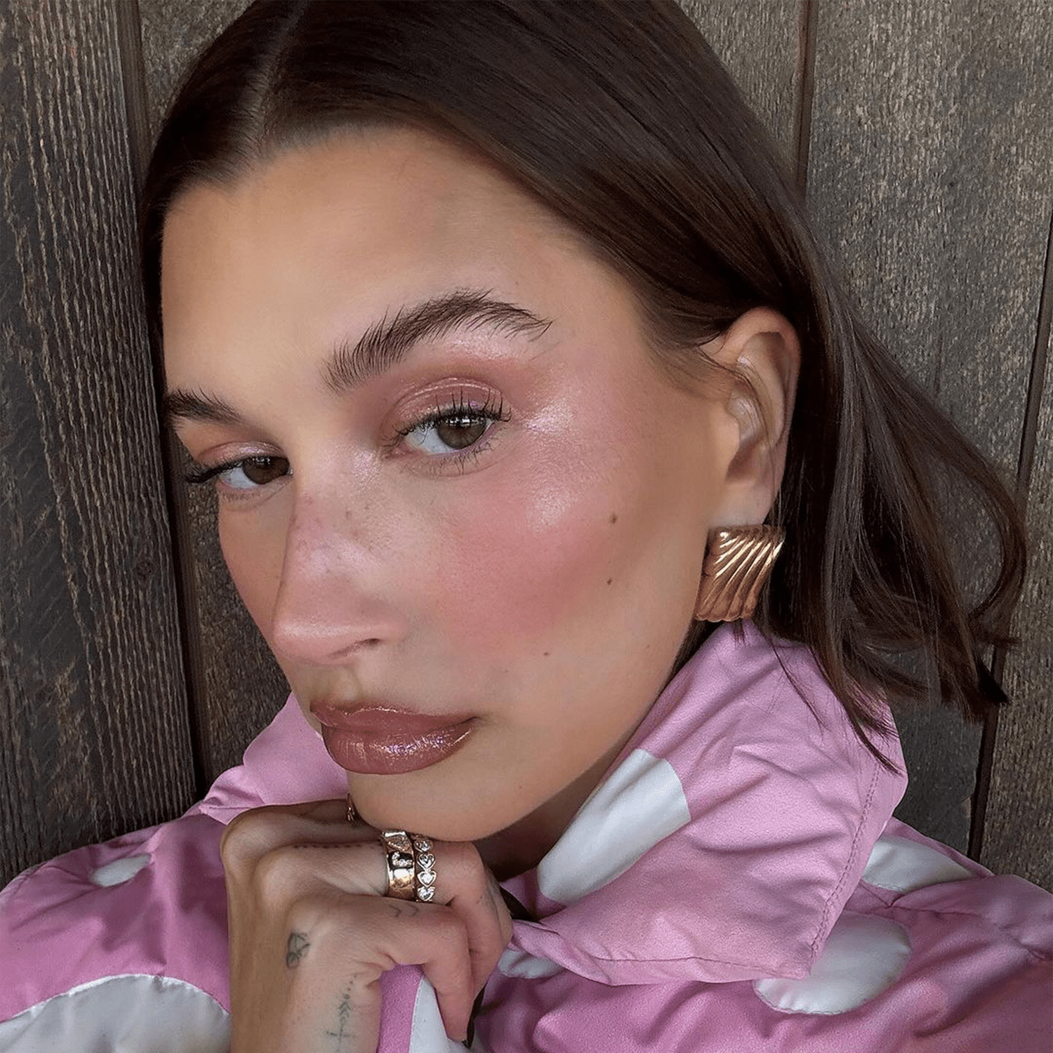 Hailey Bieber wearing rosy cheeks and glossy lips