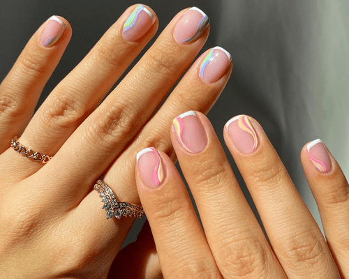 short french manicure with pastel line designs