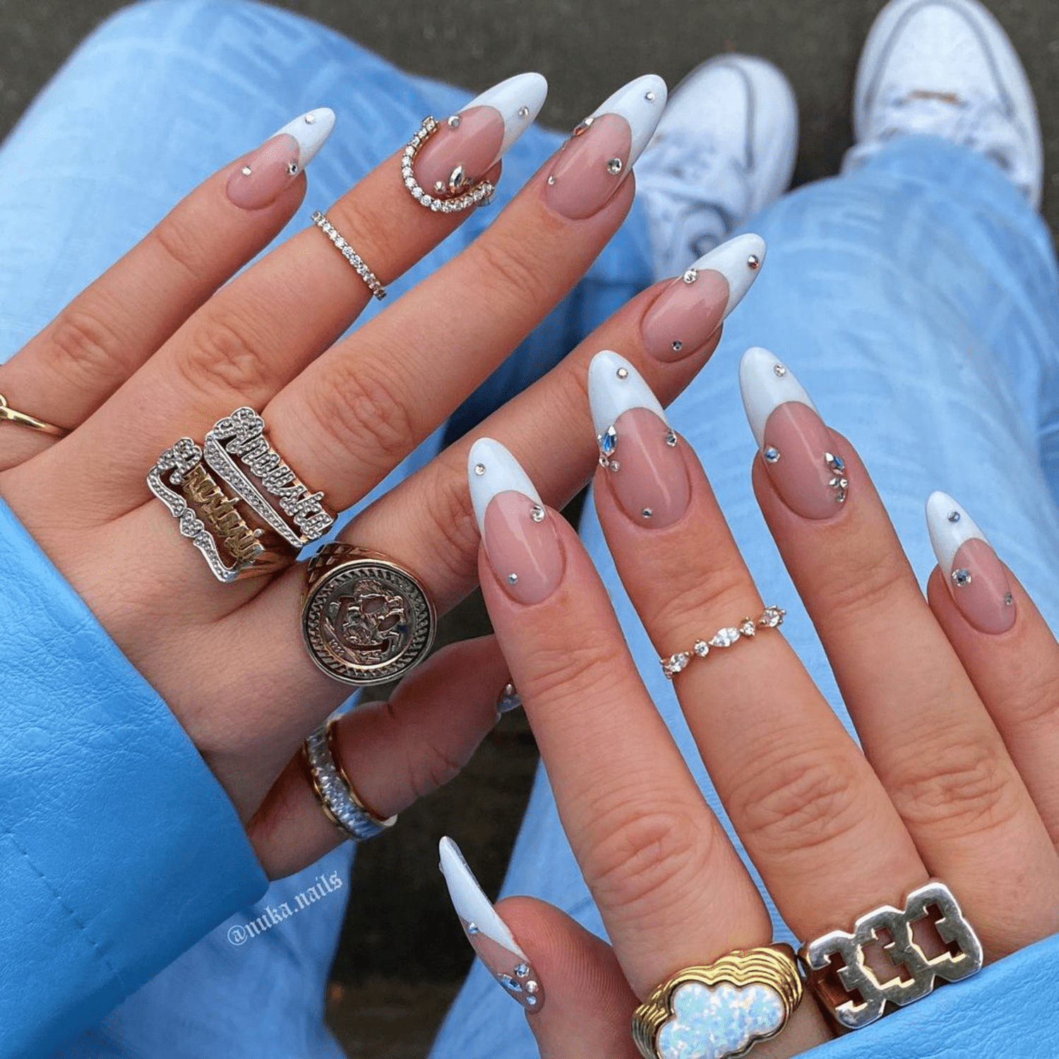 White French manicure with rhinestones