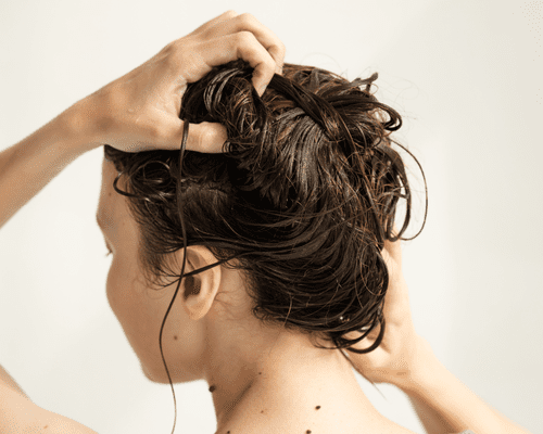 Close up of the back of a model's head with wet hair.